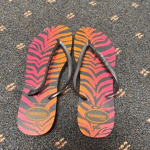 Havaianas‎ Slim Flip Flops Women's Size 6 Palm Leaf Tropical Summer Stripes Sun